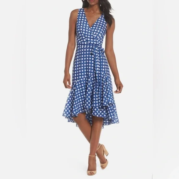 ELIZA J Ruffle Hem High/Low Faux Wrap Summer DRESS SIZE 10 GINGHAM NORDSTROM - Picture 4 of 5